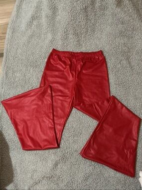 Women's Red Faux Leather Flared Jumpsuit Pants